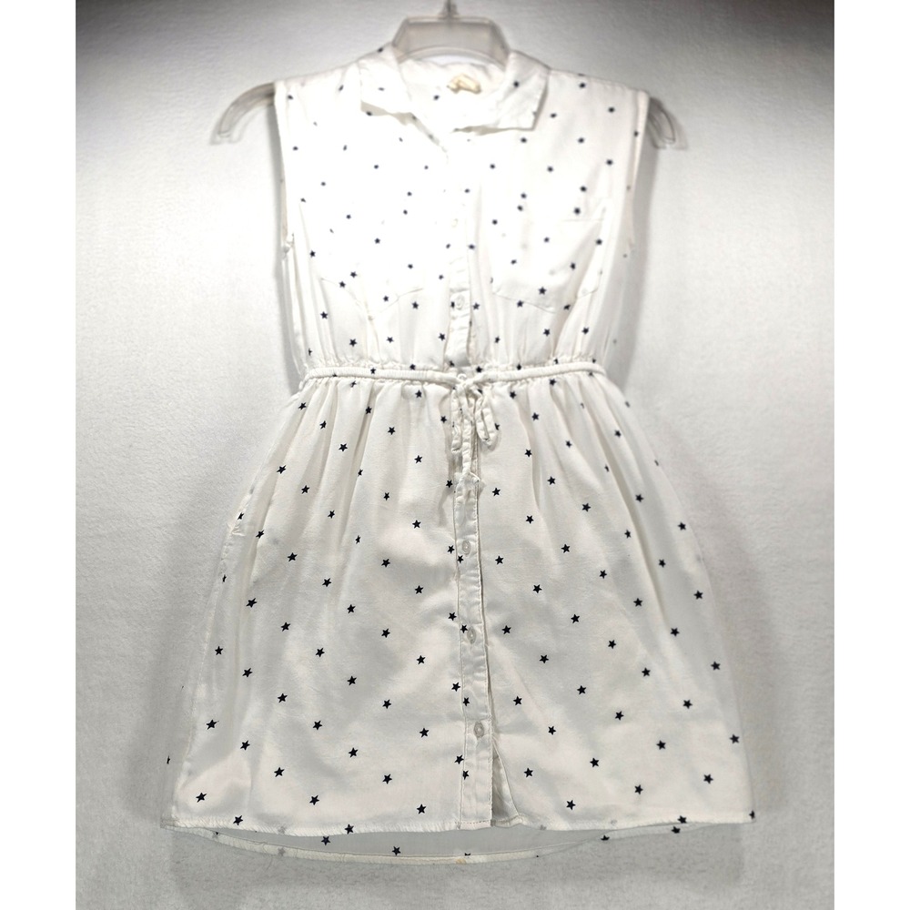 Japna Womens White Navy Star Print Sleeveless‎ Button Down Shirt Dress Small